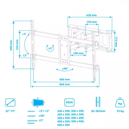 Настенный кронштейн для LED/LCD телевизоров KROMAX CORBEL-8 GREY TITAN